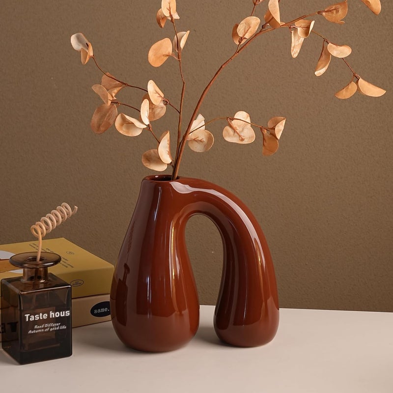 PROBENEX Brown Ceramic Decorative Pitcher Vase, 7.5 in – Glossy Sculptural Arch-Handle, Warm Earth-Tone Home Décor for Fresh or Dried Floral Arrangements, Table/Shelf/Entryway, Giftable - Image 5